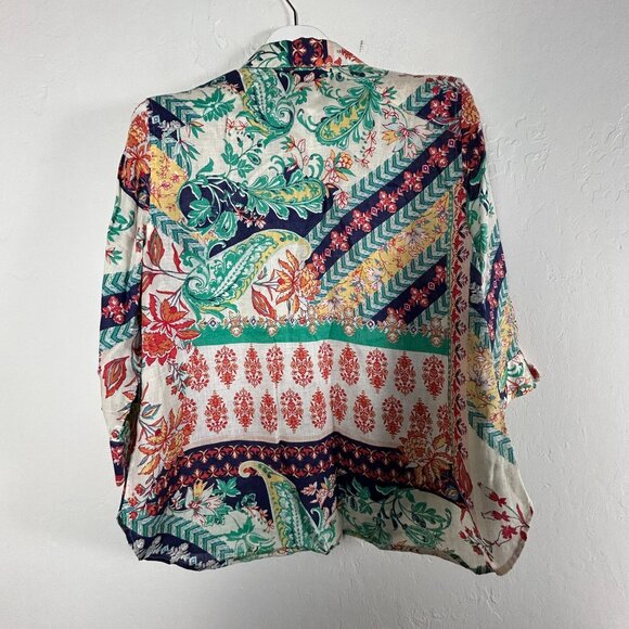 Chico's Green Red Paisley Floral Linen 3/4 Sleeve Button-Up No-Iron Shirt Size 2 - Picture 2 of 7